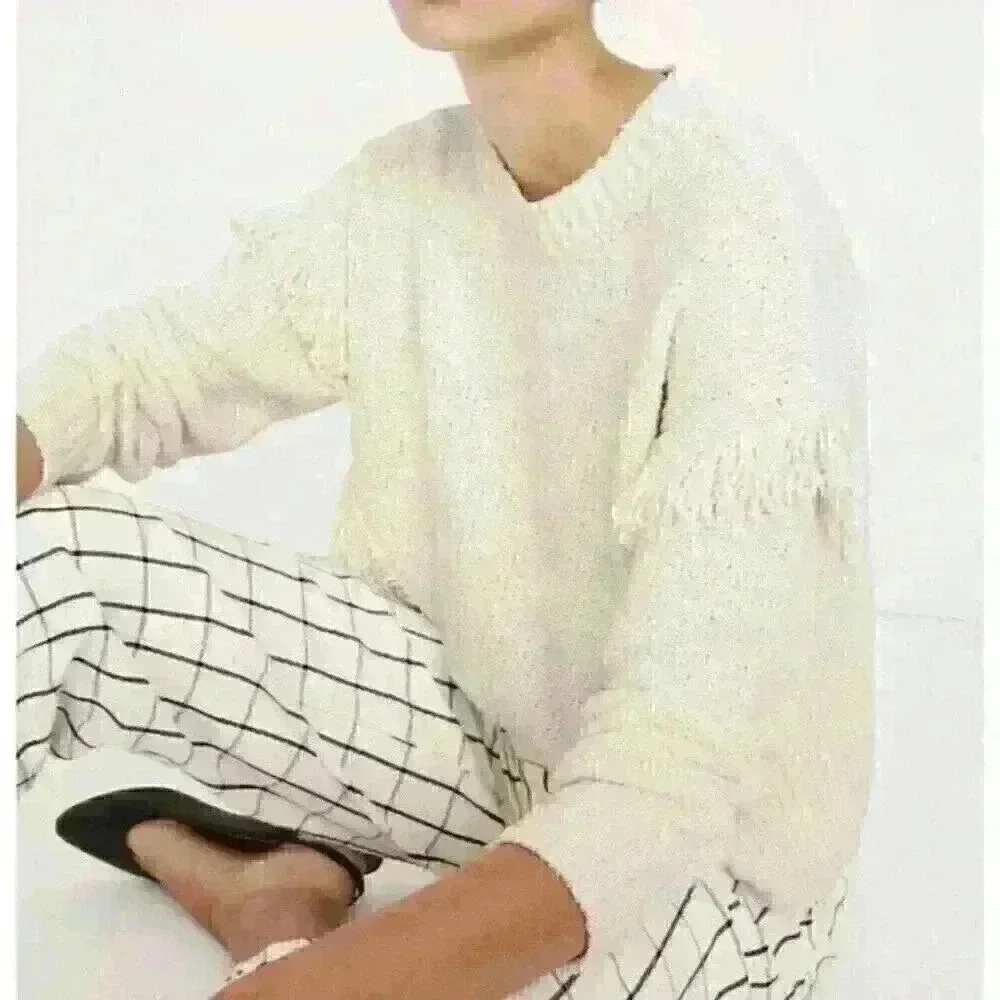 Madewell Size M Cream Montford Fringe Cropped Oversized Sweater